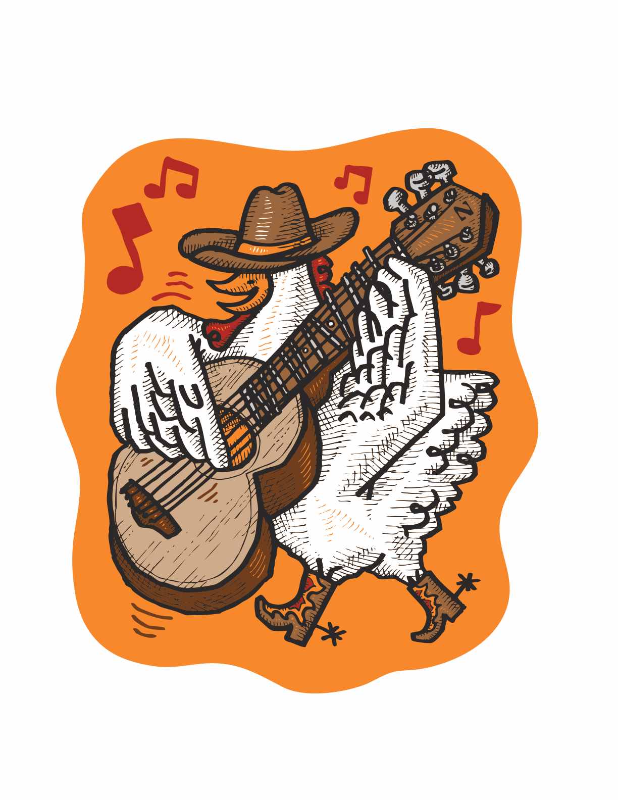 Rooster in a cowboy hat playing a guitar with musical notes on an orange background