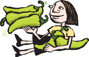 An Illustration of a white woman with short brown hair holding human sized green peppers in one hand and laying against a pillow of green peppers in her other arm. She looks really happy.