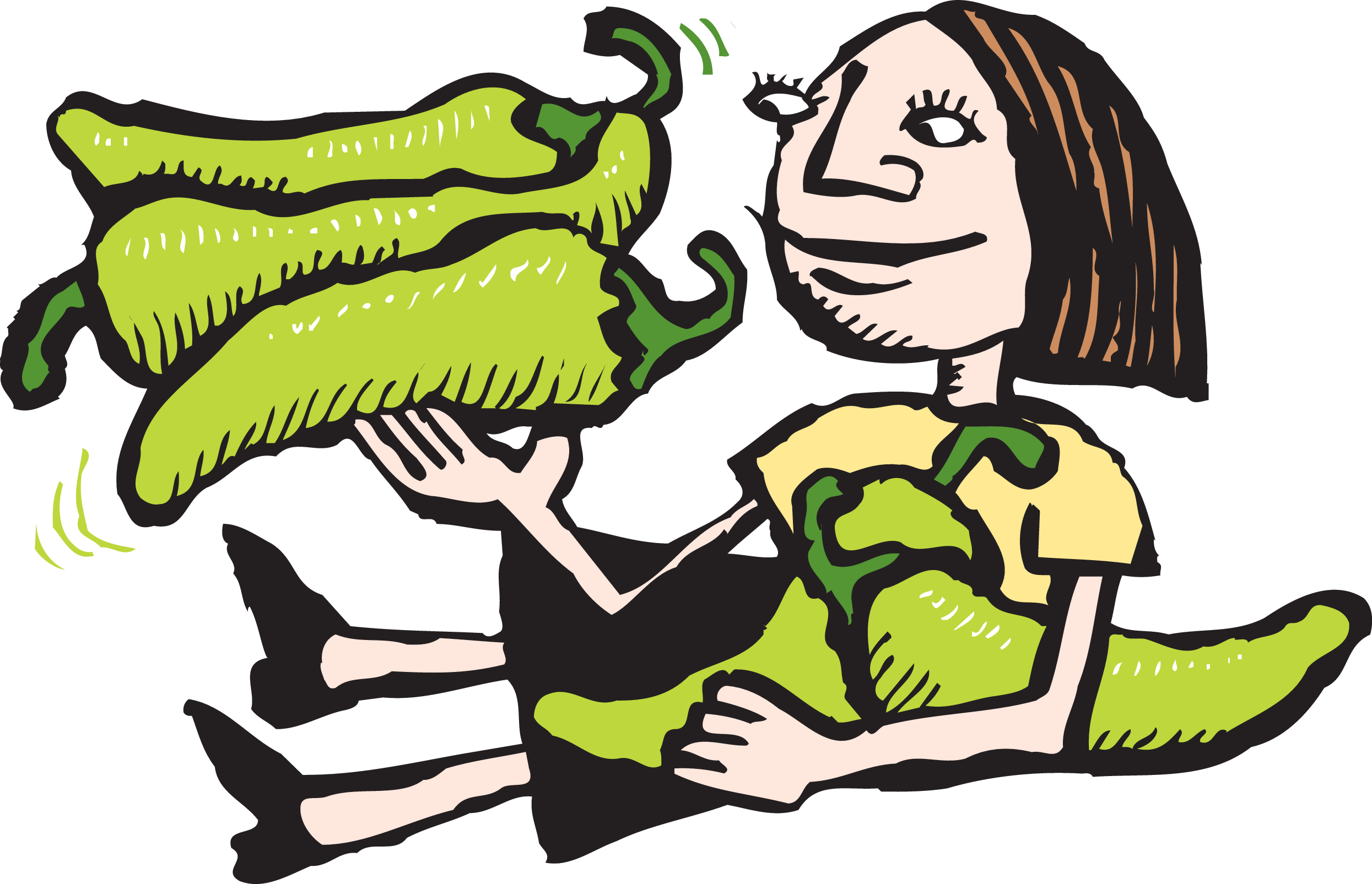 An Illustration of a white woman with short brown hair holding human sized green peppers in one hand and laying against a pillow of green peppers in her other arm. She looks really happy.