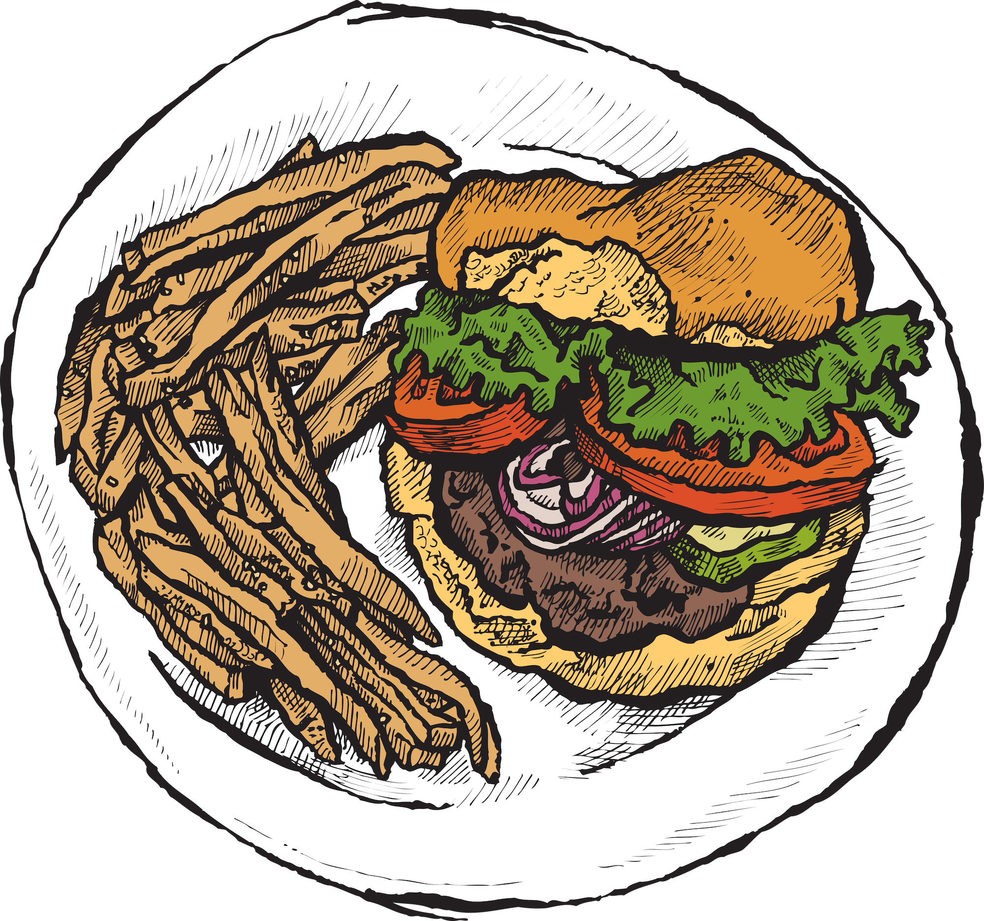Burger and Fries Illustration on a White Plate. Burger is stuffed with toppings like red onion tomato, lettuce and pickles.