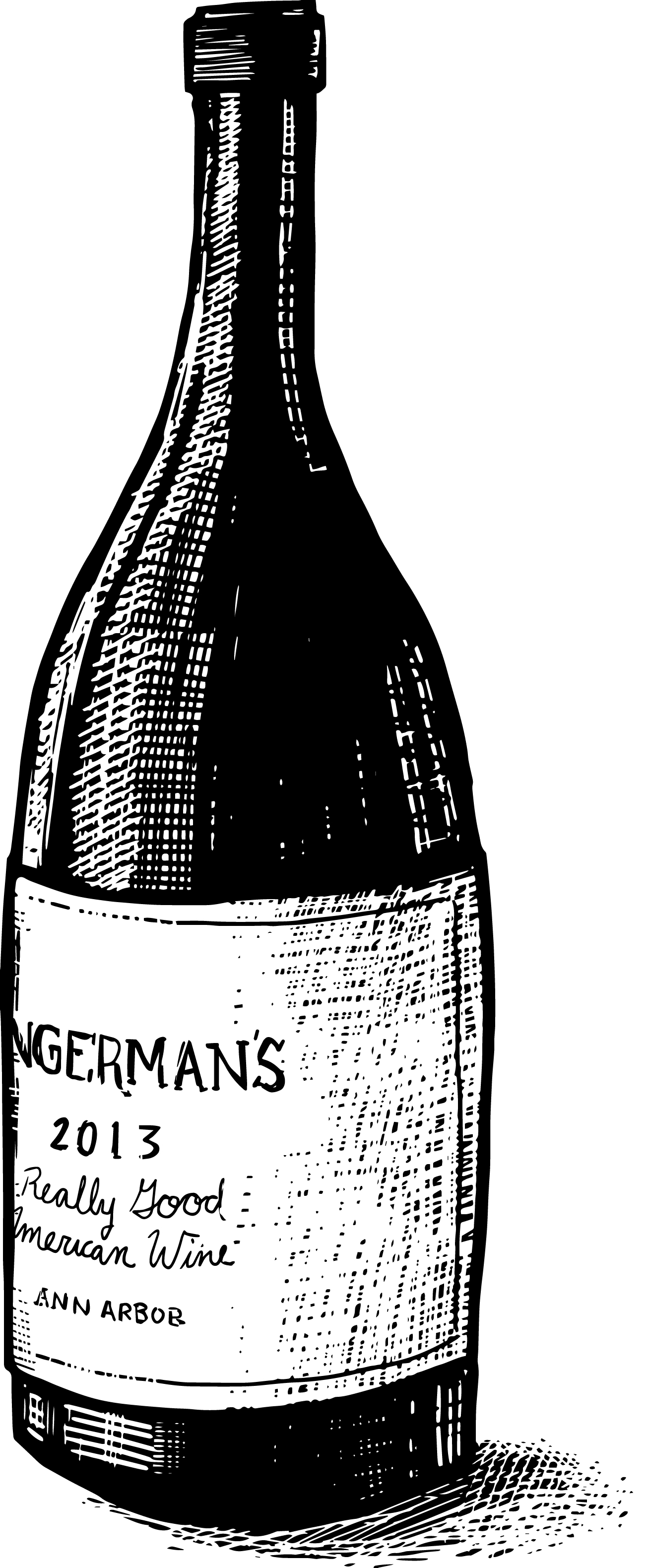 Illustration of a wine bottle with a label that reads: Zingerman's Really Good American Wine, Ann Arbor.