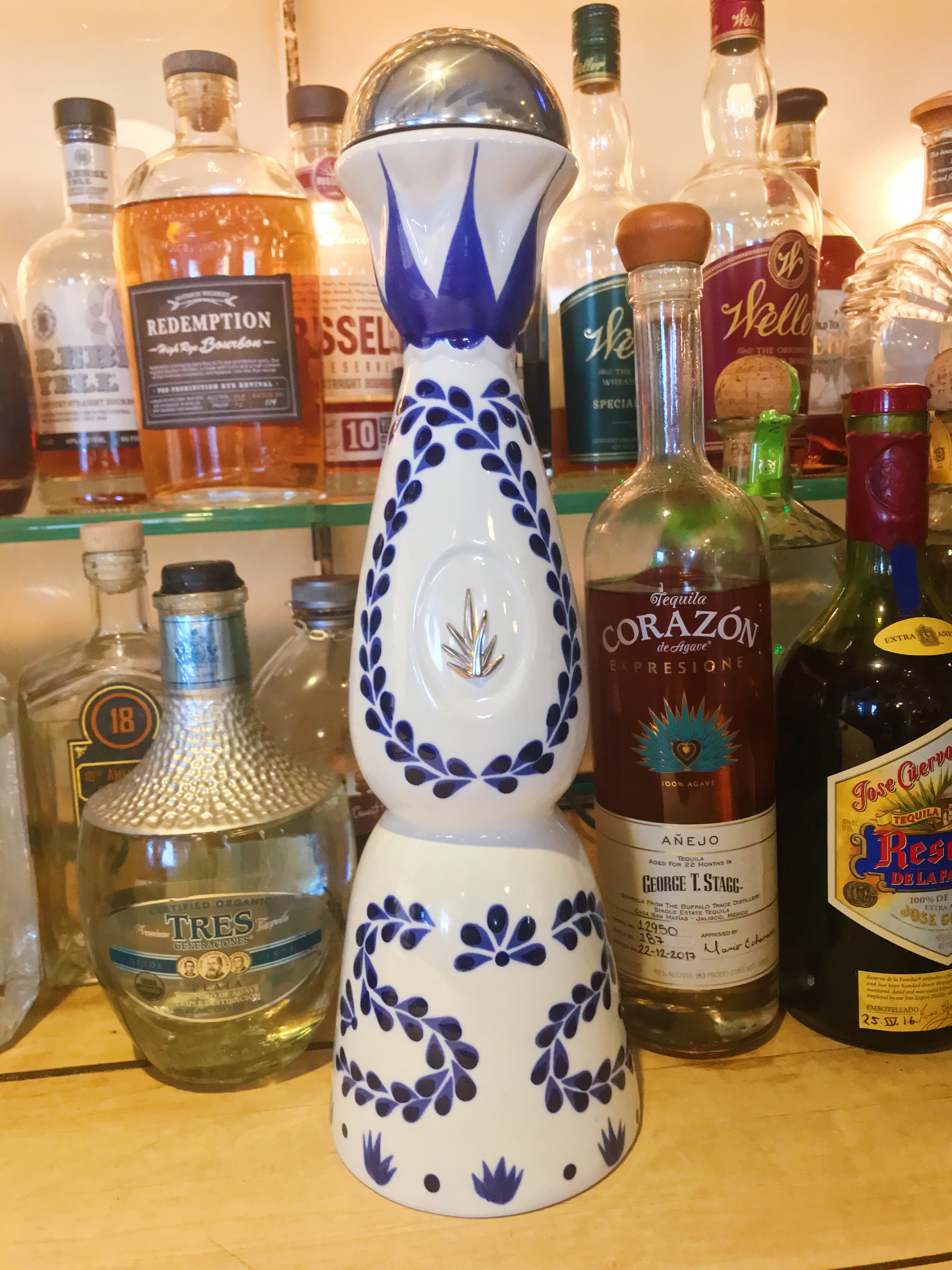 A bottle of Clase Azul tequila on the Roadhouse bar.