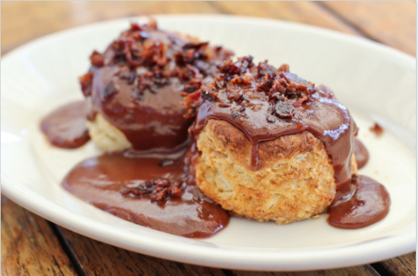 Buttermilk biscuits with chocolate-bacon gravy.