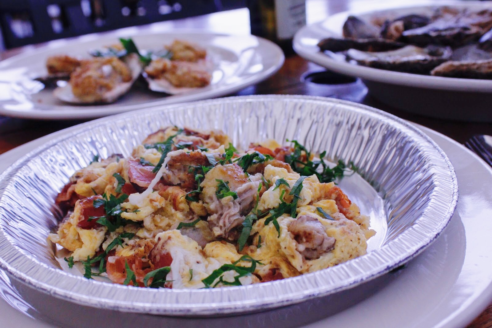 Hangtown Fry made by Zingerman's Roadhouse, served in  pie tin.