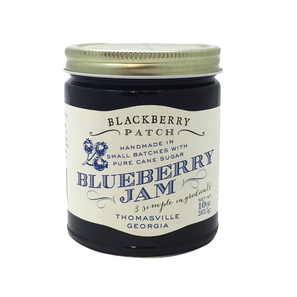 A jar of Blackberry Patch blueberry jam.