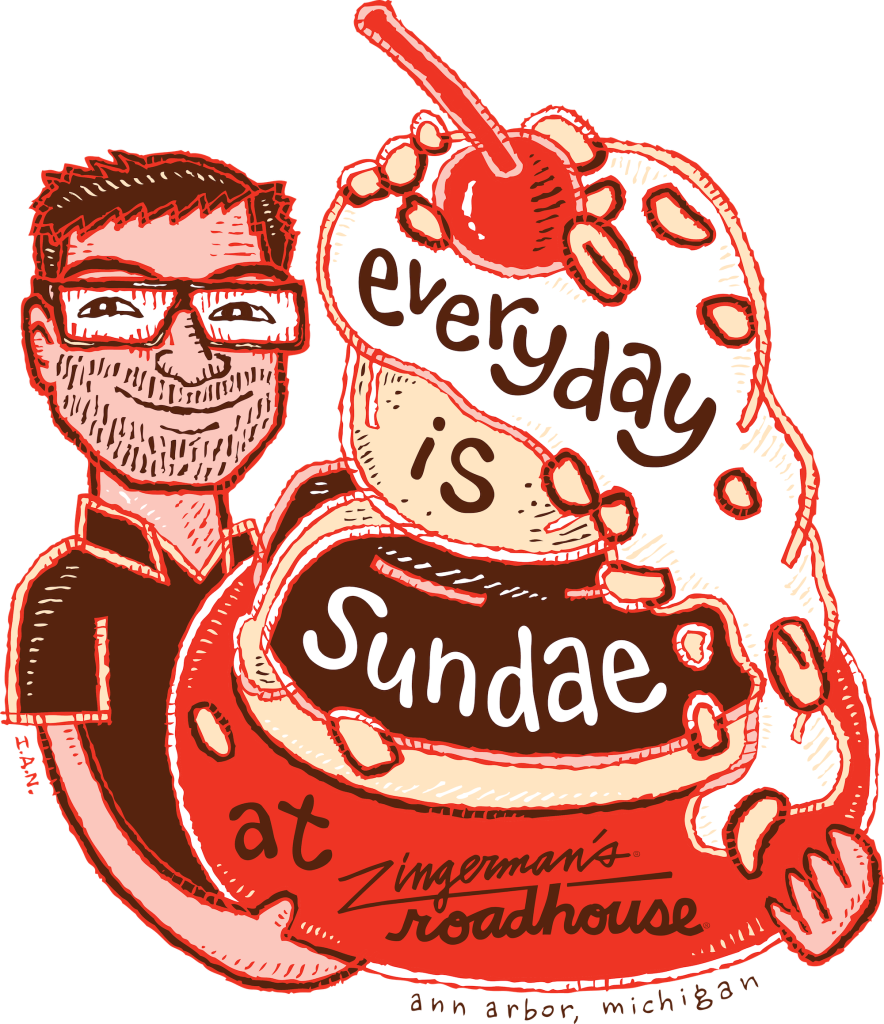 Everyday is Sundae at Zingerman's Roadhouse illustration of a man wearing square glasses smirking and holding a giant sized donut sundae covered in fudge, ice cream, nuts and a cherry topper. 