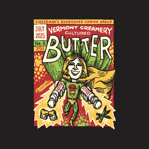 A t-shirt graphic of a comic book heroine advertising Vermont Creamery Butter at Zingerman's Roadhouse