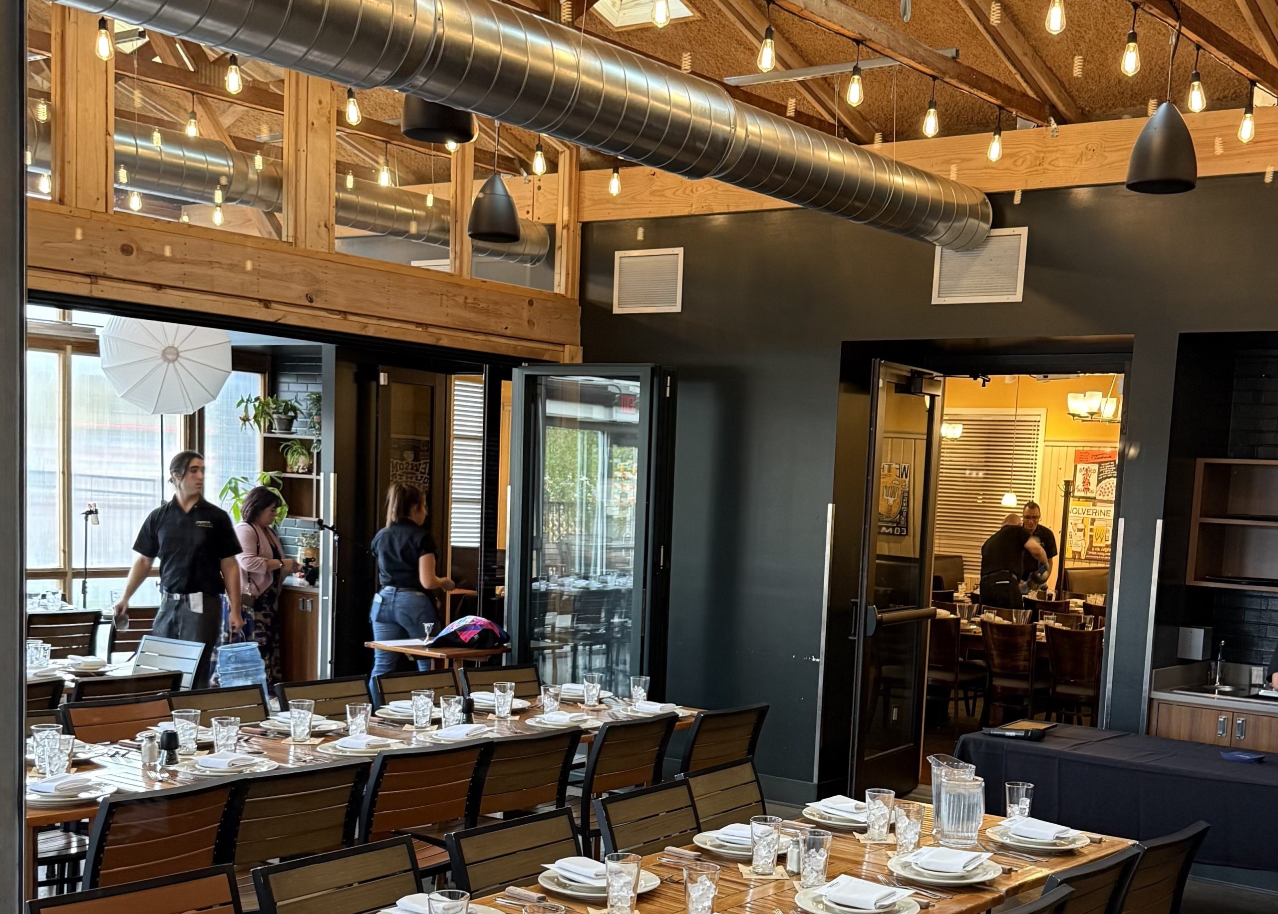 A dining room set up for an event
