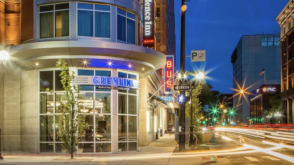 Exterior shot at night of Zingerman's Greyline.