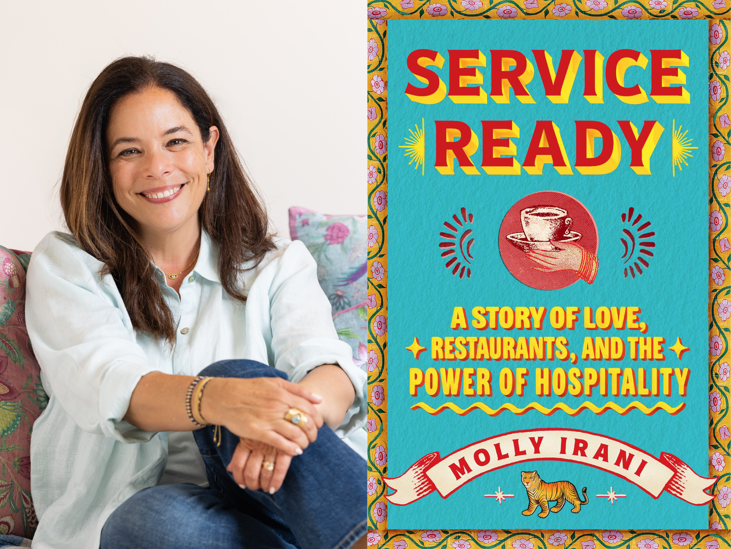 A photo of author Molly Irani smiling, next to a cover of her book Service Ready.