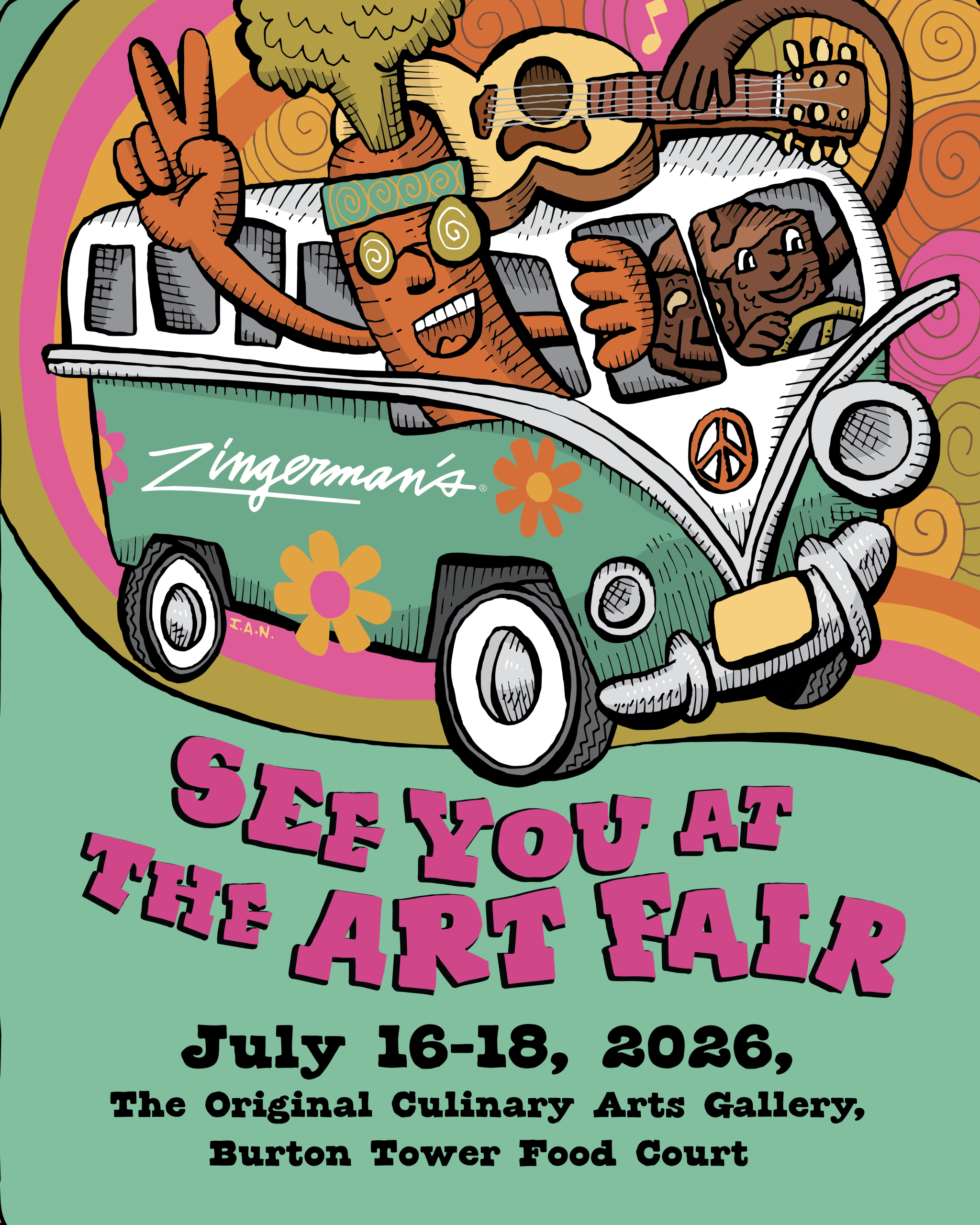 A psychadelic graphic of a VW bus with animated food items, and a caption that reads See You at the Art Fair, July 16-18th; The Original Culinary Arts Gallery Burton Tower Food Court