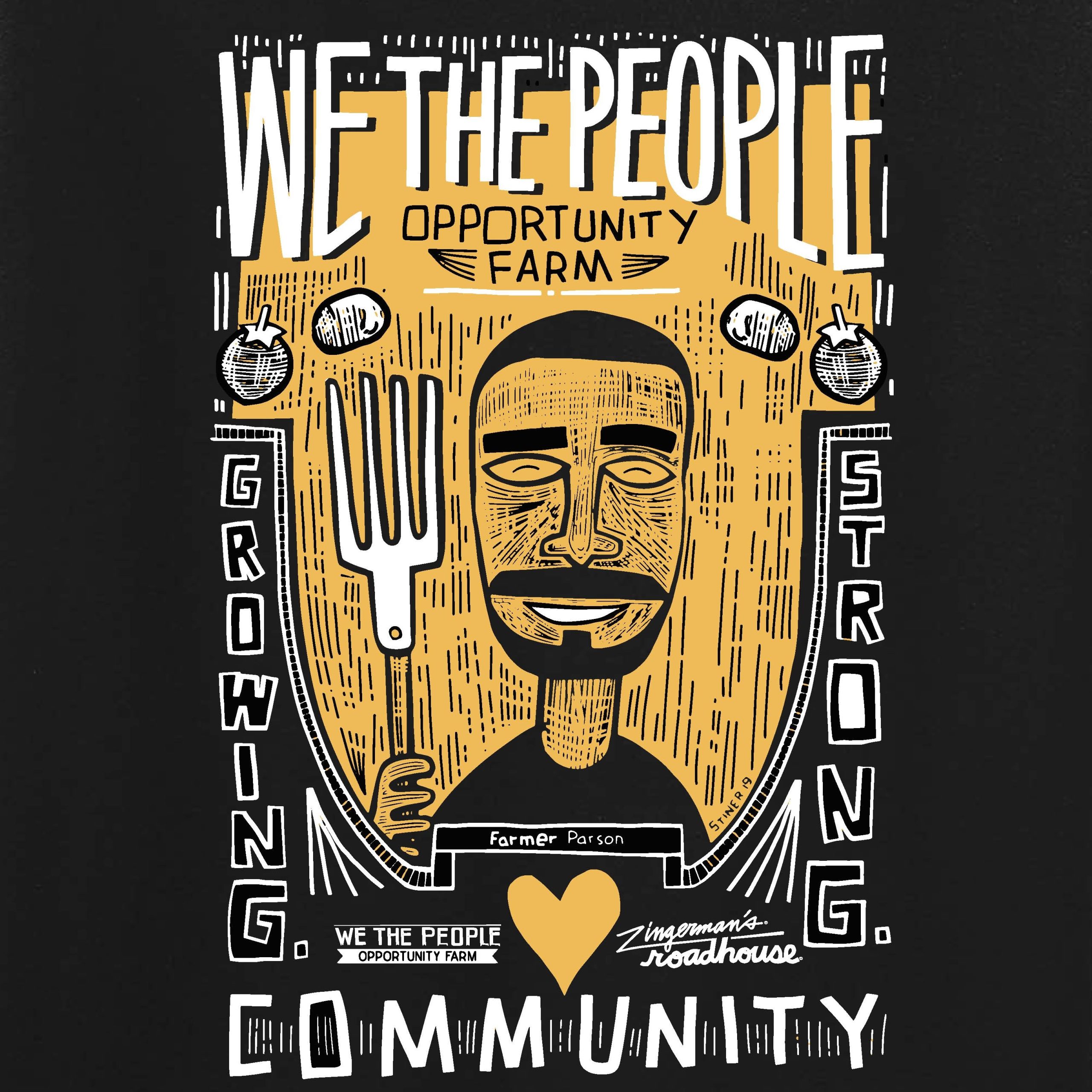 A folk art style graphic of We the People Opportunity Farm featuring a rendering of former owner Melvin Parson.