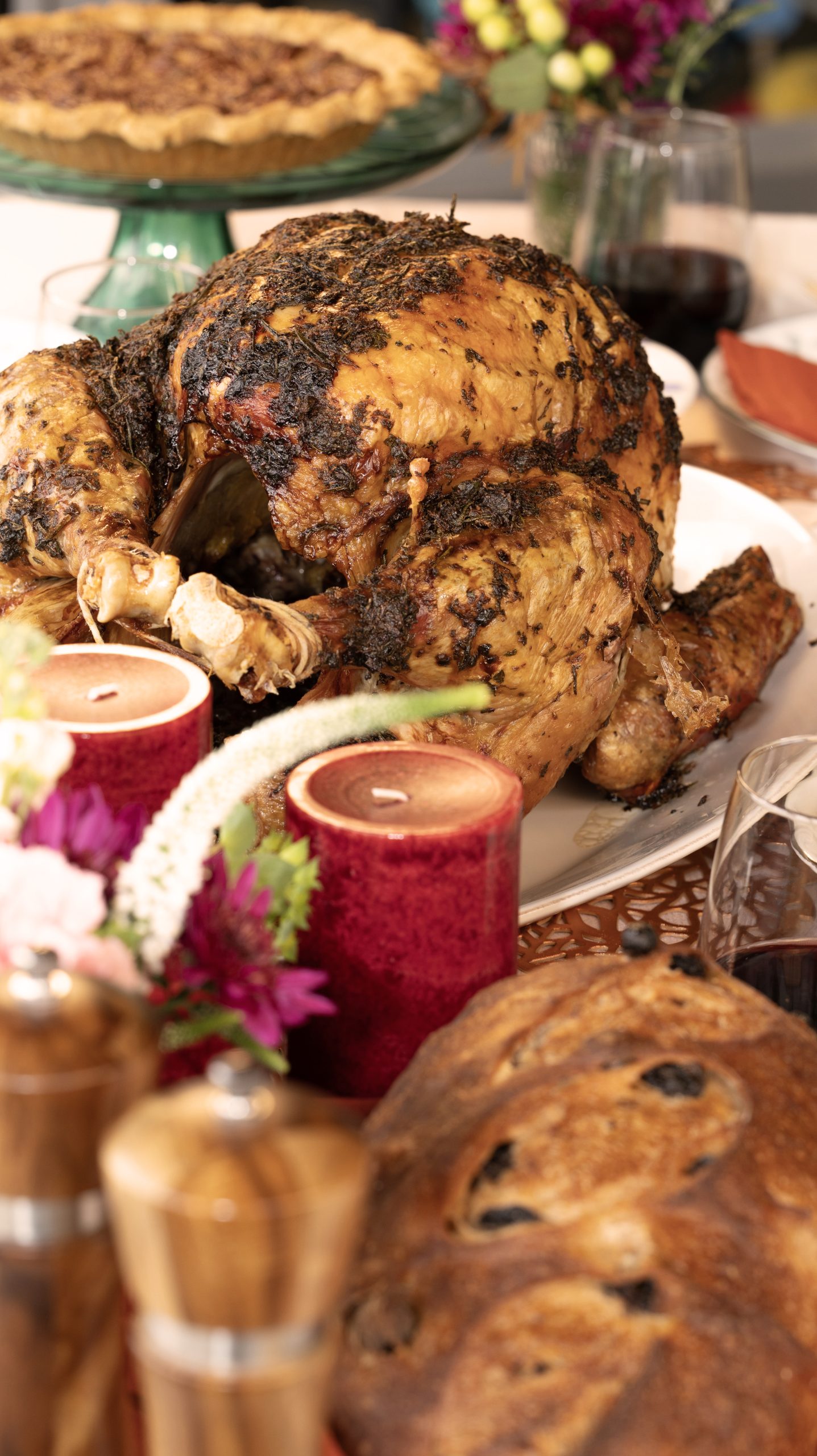 A Thanksgiving spread on a docrated table.